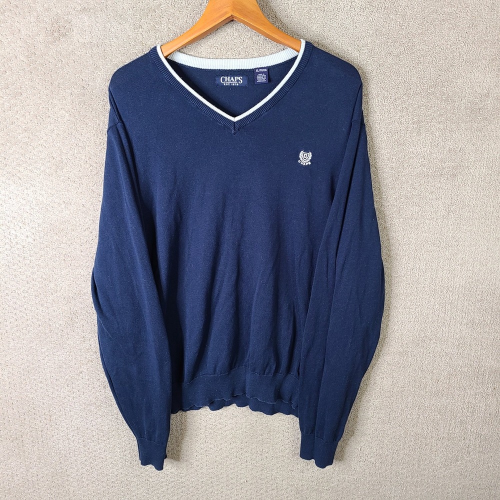 Chaps Sweater Mens XL Navy Blue V Neck Crest Logo 100% Cotton Long Sleeve Casual